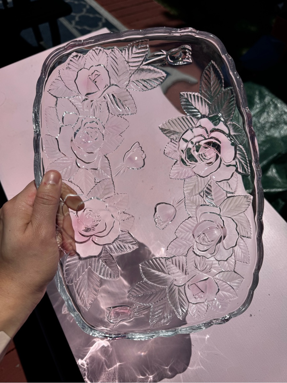 Pressed Glass Rose Pattern Serving Platter - Clear